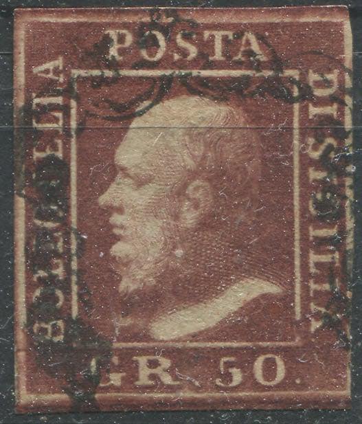 Sicilia 1859, 50 grana lacca Bruno sassone n. 14
